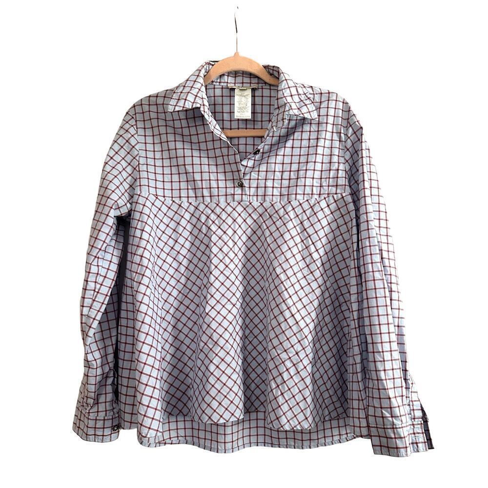PAUL & JOE Sister Blue Maroon Windowpane Plaid Hi-Low Top Blouse - Sz XL